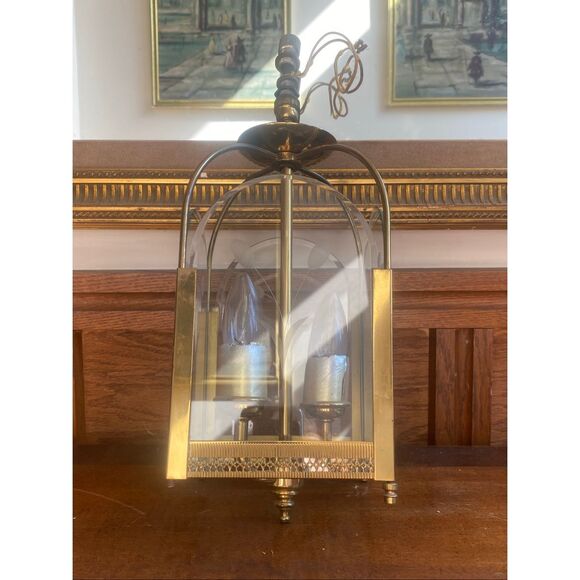 Vintage Brass and Etched Glass Hall Lantern Light Pendant Flush Mount Floral Mot - Picture 8 of 12